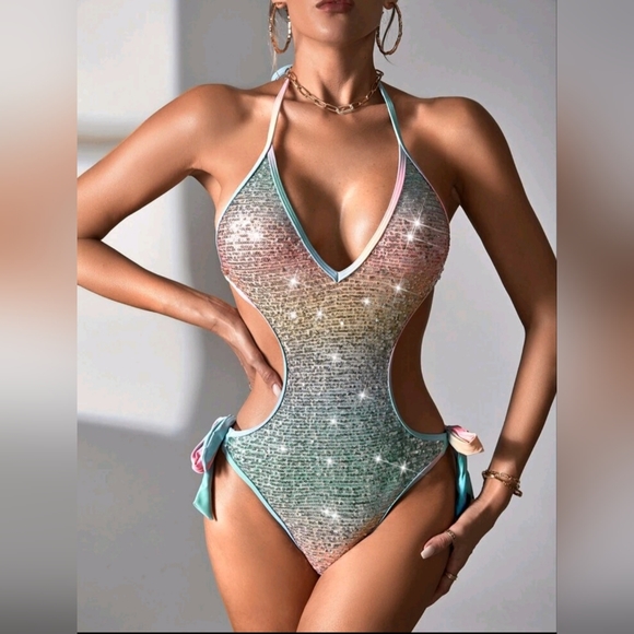 NWOT Ombre Sequin Cut Out KnotSide Halter One Piece Swimsuit - Picture 1 of 5